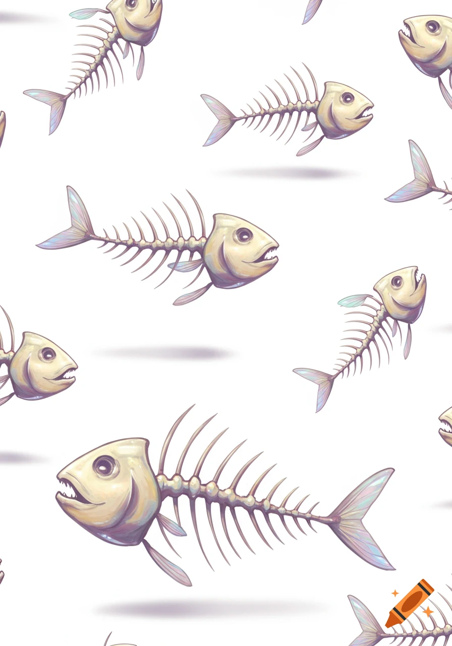 Cartoon fish skeletons in a seamless pattern on a white background.