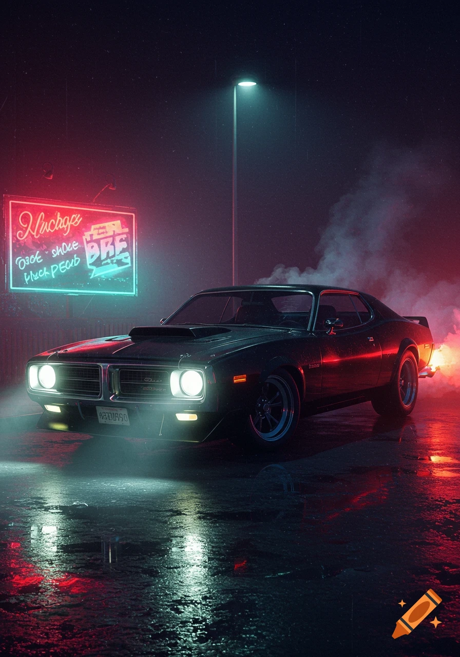 A black 1970s Dodge Charger parked on a wet street at night, illuminated by red and blue neon lights and a streetlamp.