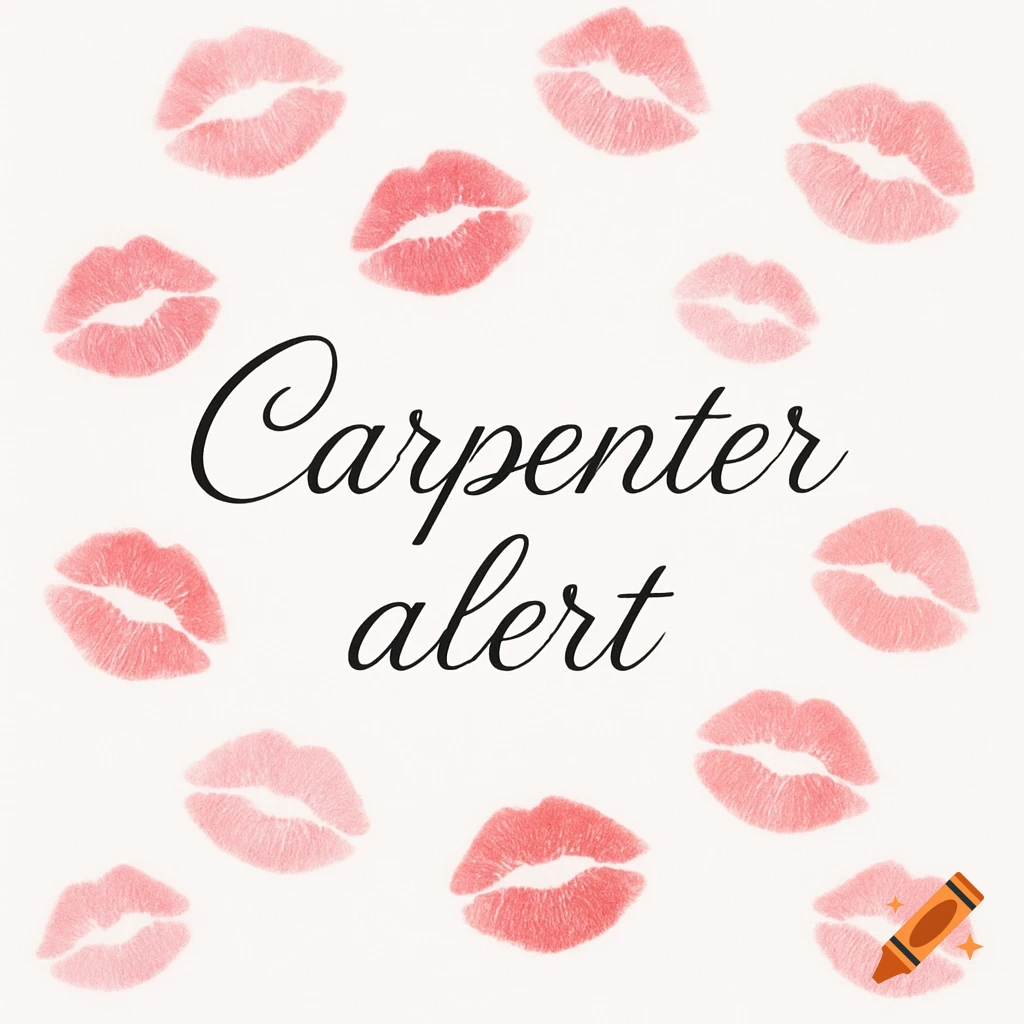The words 'Carpenter alert' in black script font, surrounded by light red and pink lipstick kiss marks on a white background.