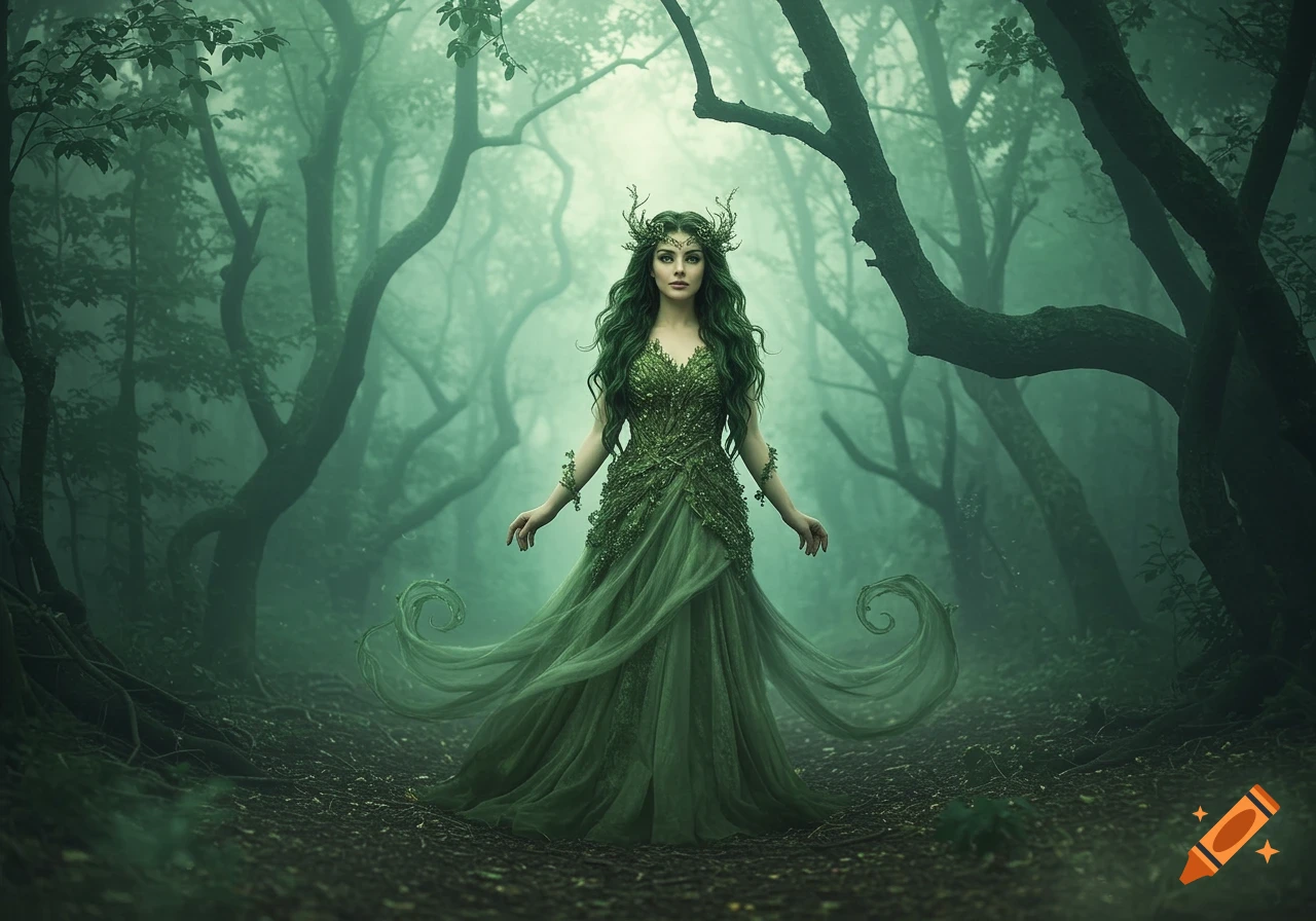 A mystical woman with long green hair and a flowing green dress stands in a foggy, enchanted forest.