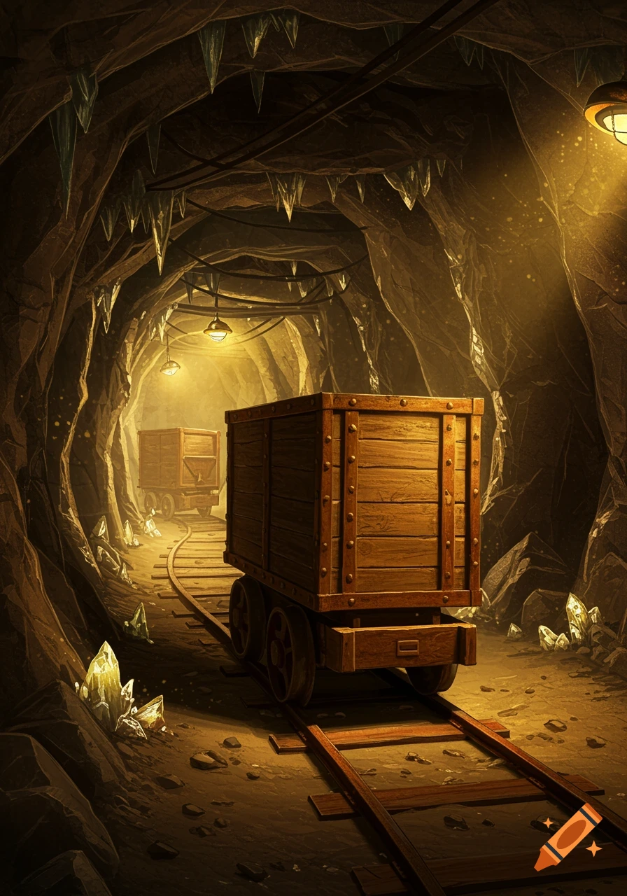 A dimly lit mine tunnel with two wooden mine cars on tracks, illuminated by lanterns and glowing crystals on the ground and ceiling.