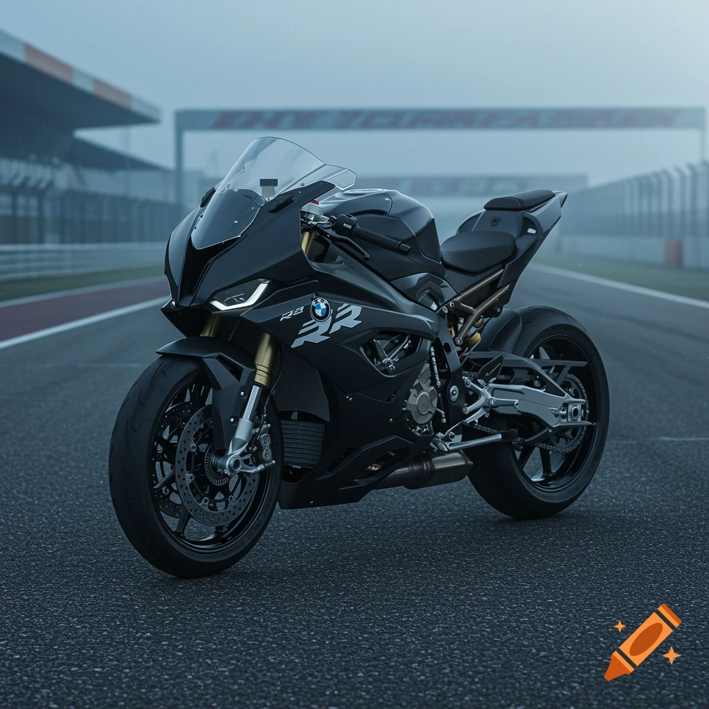 A sleek, black BMW S1000RR sportbike parked on a wet race track under an overcast sky.