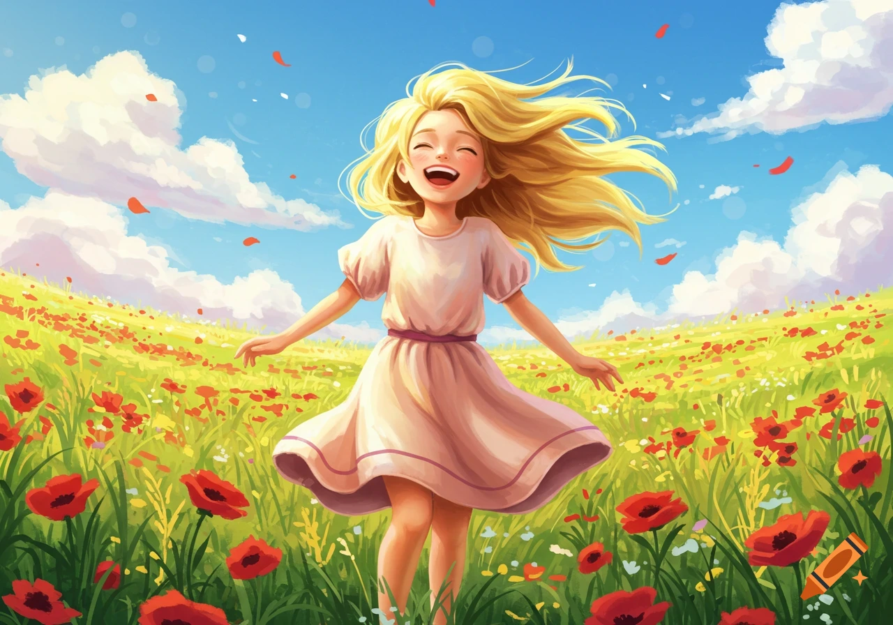 A cheerful blonde girl laughs with arms outstretched in a vibrant field of red poppy flowers under a blue sky.