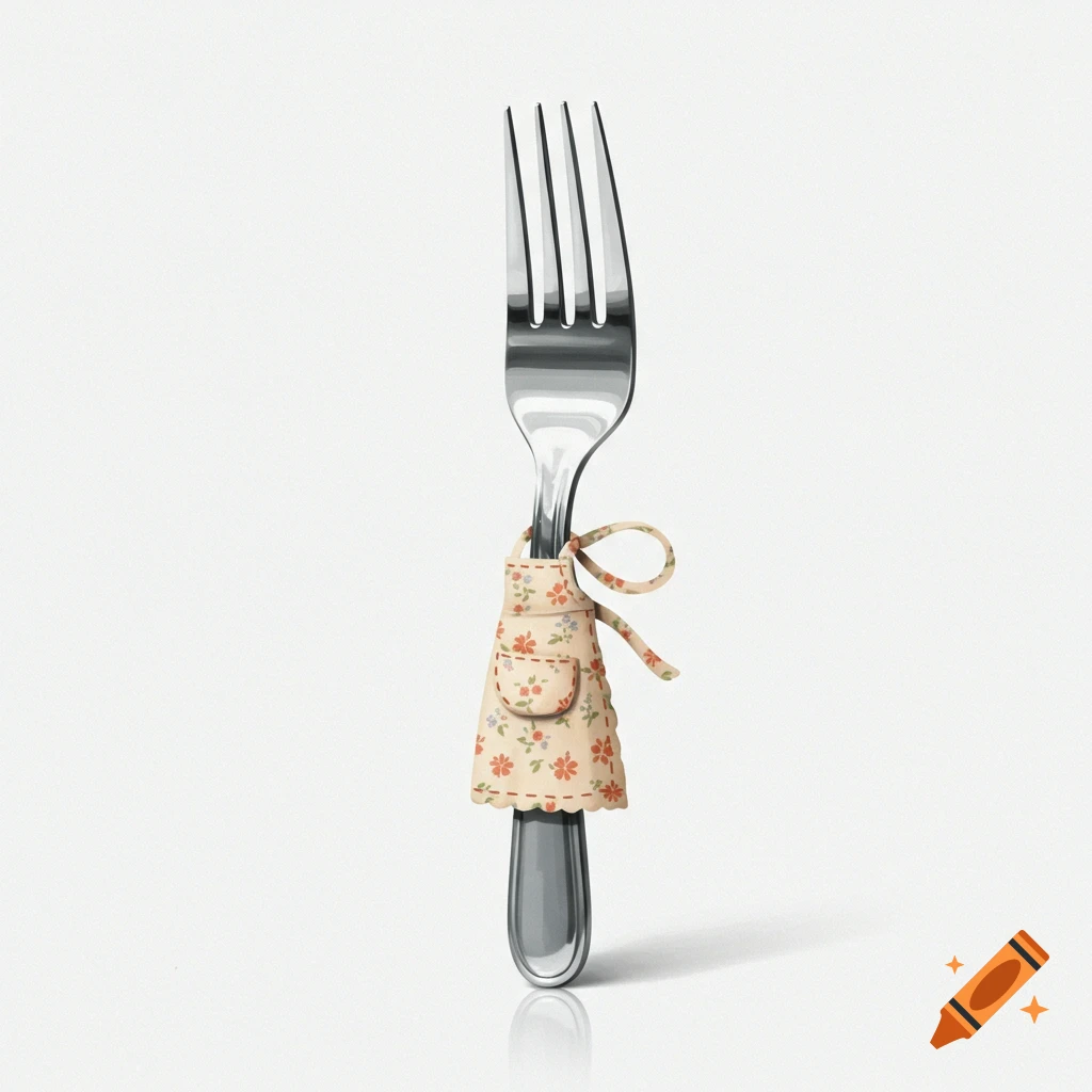 A metallic fork stands upright on a white background, wearing a small, beige floral patterned apron tied with a bow.