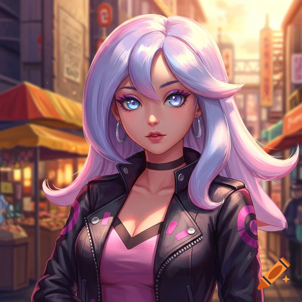 Anime woman with long light purple hair and bright blue eyes wearing a black leather jacket, in an urban market street at sunset.