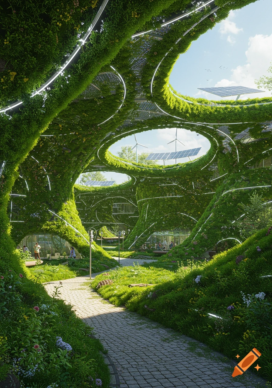 Lush green moss-covered park structure with circular openings to the sky, revealing solar panels and wind turbines, and a cobblestone path below.