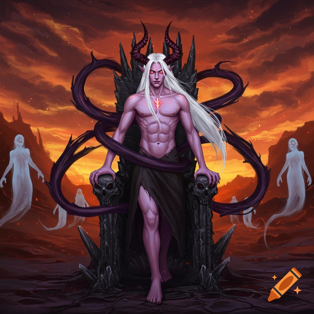 A white-haired demon lord with purple skin sits on a skull throne in a fiery landscape with floating ghosts, in a dark fantasy art style.