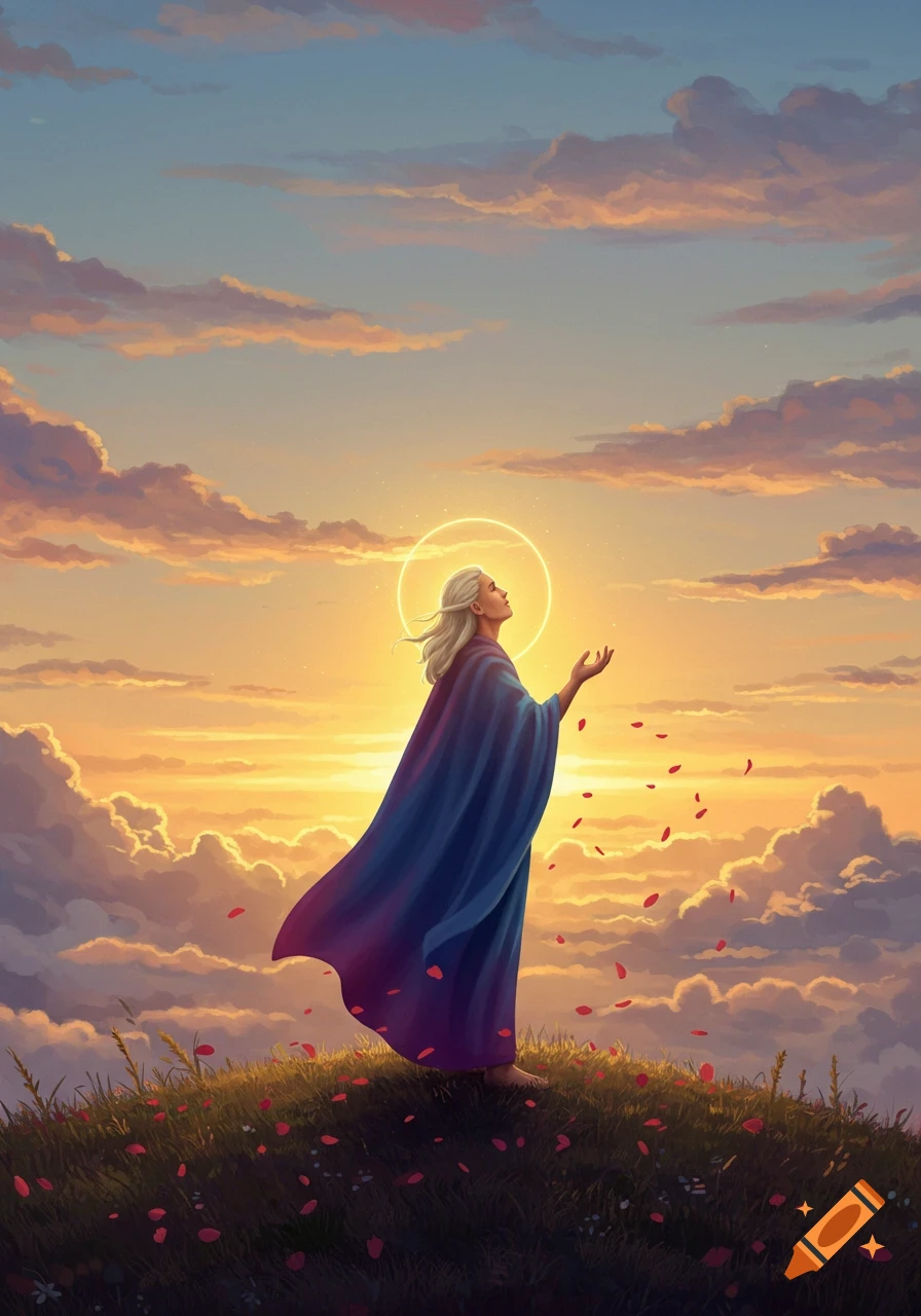 An ethereal figure in a blue and purple robe stands on a hill at sunset with hands raised, a golden halo behind their head, and red petals falling.
