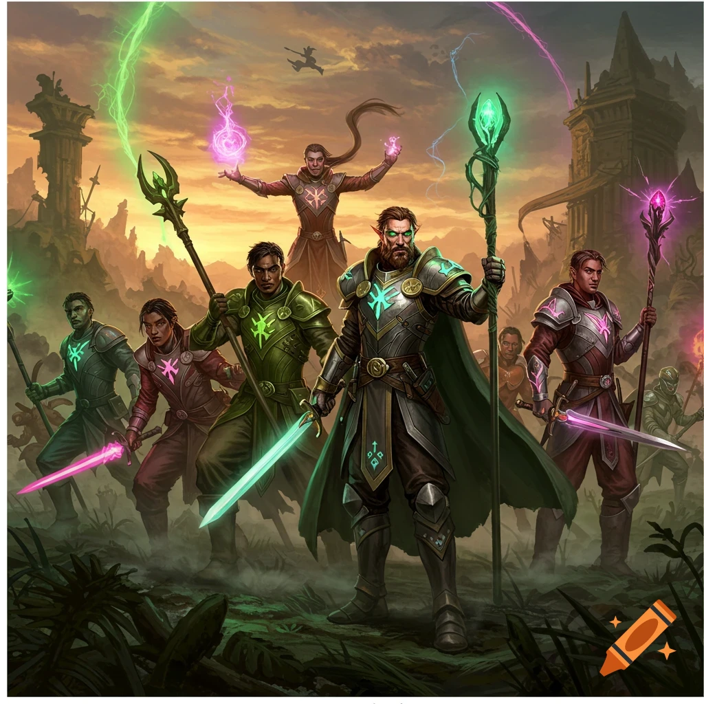 A group of diverse fantasy warriors with glowing weapons and armor stand in a ruined landscape under an orange sky with magical effects.