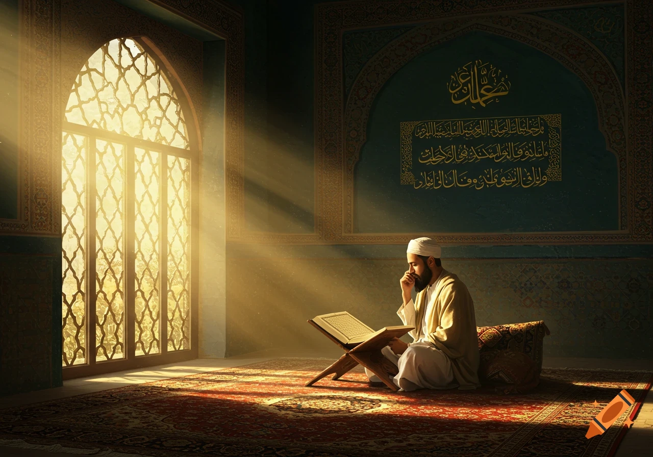A man in traditional attire reads a book in a sunlit, ornate room with Islamic architecture and calligraphy.