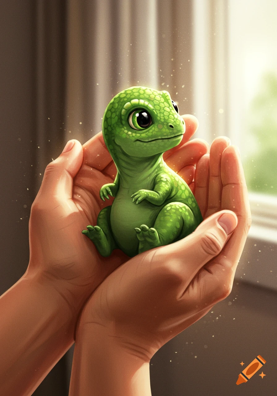 A small, cute, green dinosaur with large eyes is gently held in two human hands.