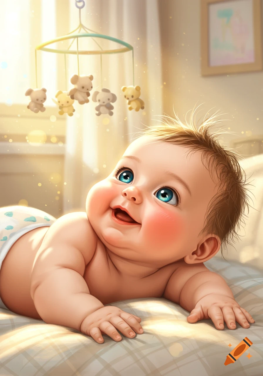A cute, smiling baby with bright blue eyes lies on a bed, looking up at a hanging mobile with teddy bears in a warm, illustrative style.
