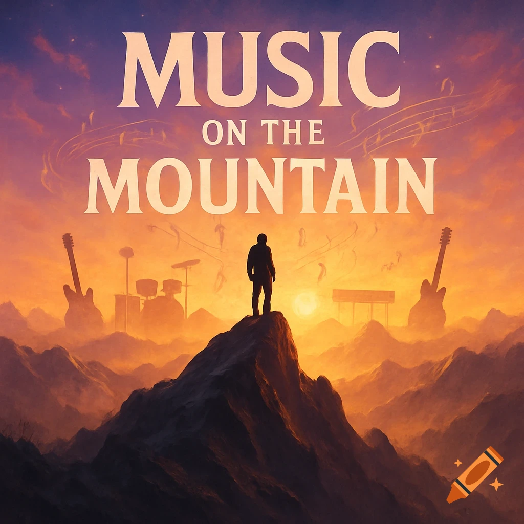 A stylized album cover depicting a solitary figure on a mountain peak at sunset, with musical instruments silhouetted in the background. The text "MUSIC ON THE MOUNTAIN" is prominent in the sky.