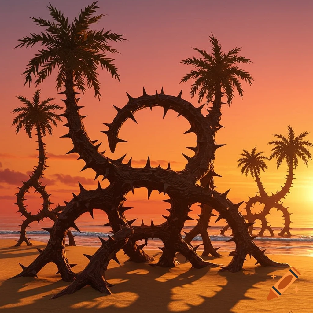Surreal spiky palm trees stand on a sandy beach at sunset, with an orange and pink sky over the ocean.