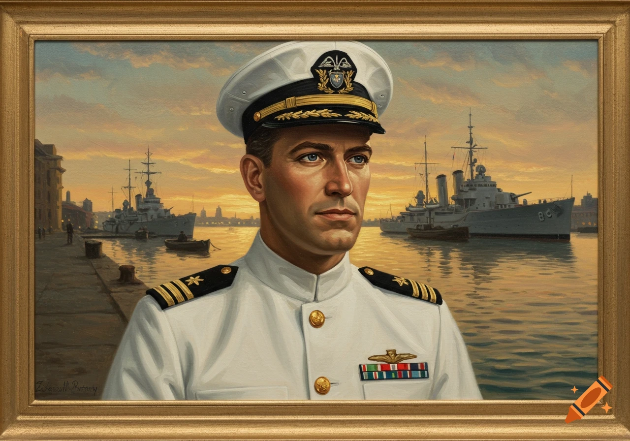 Oil painting of a man in a white naval uniform and hat, with warships in a harbor at sunset.