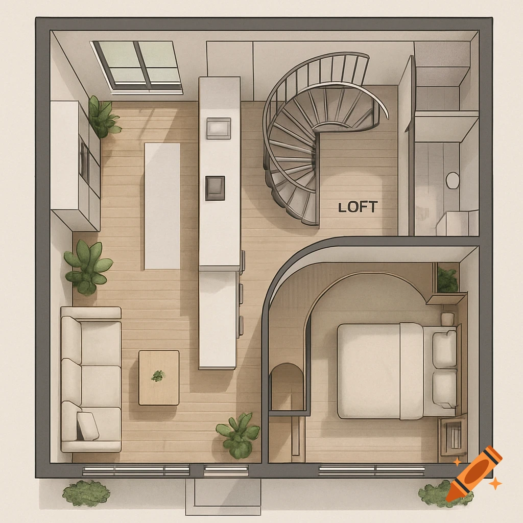 Top-down view of a modern house floor plan, showing a living area, kitchen, bedroom, bathroom, and spiral stairs to a loft.