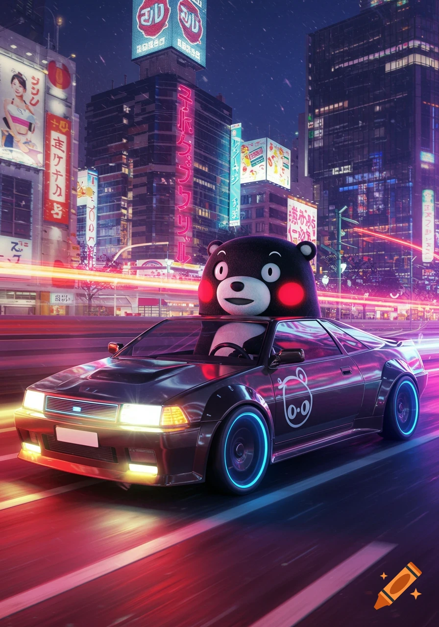 A dark, futuristic car with neon blue rims and a large Kumamon head sticking out of the roof, drives at night through a vibrant cyberpunk city with glowing neon signs and light trails.