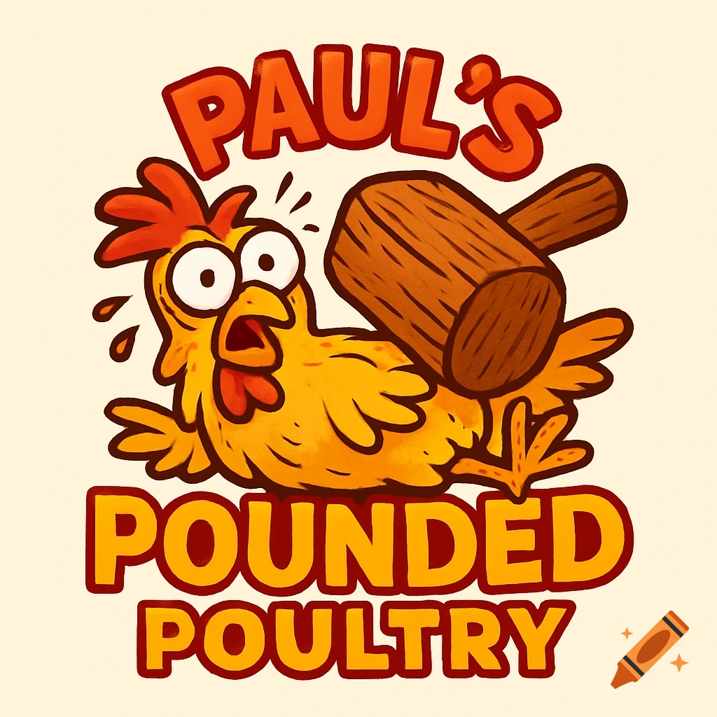 Cartoon logo for Paul's Pounded Poultry, featuring a surprised chicken next to a wooden mallet, with bold red and yellow text.