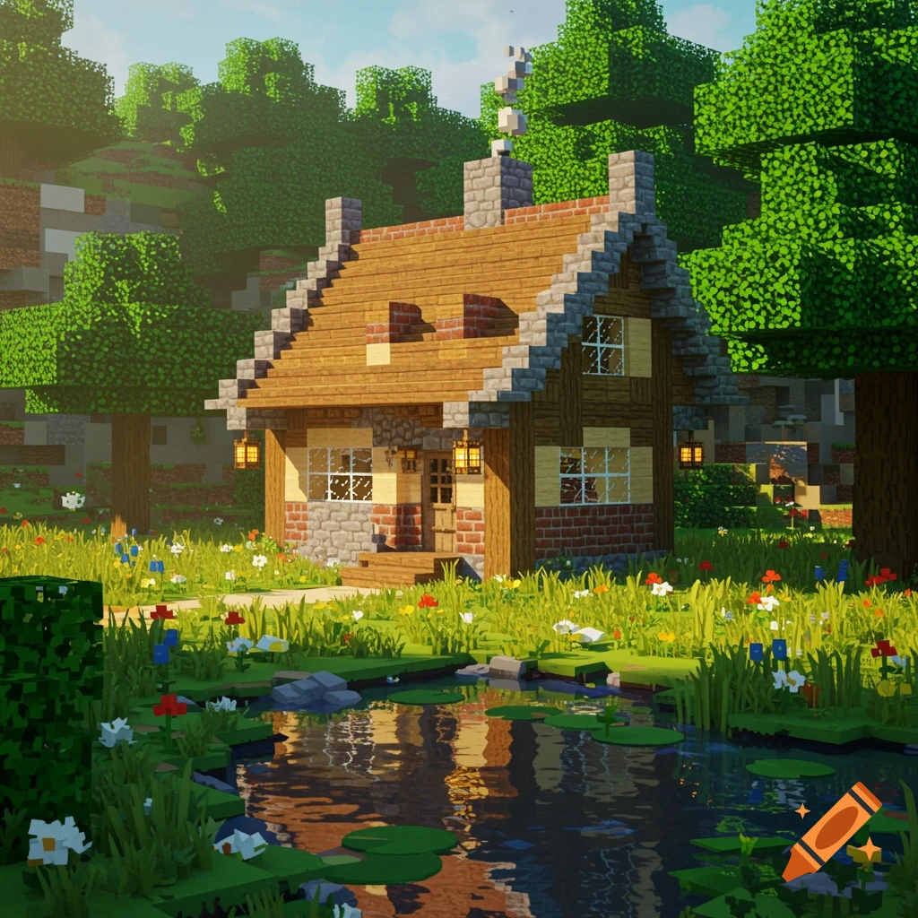 A blocky Minecraft-style cottage nestled in a vibrant forest with a reflective pond and colorful flowers.