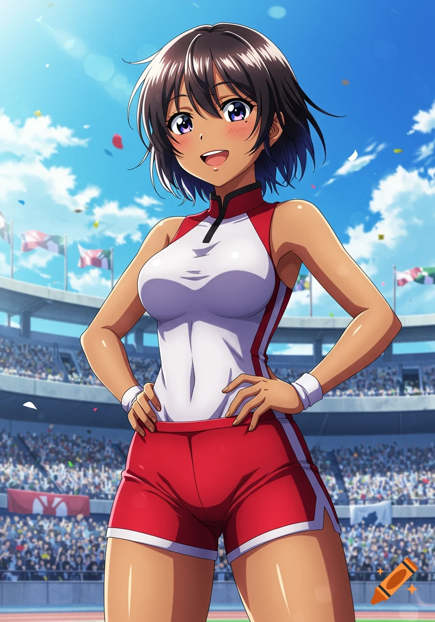 Anime girl with dark hair and tan skin in a red and white sports uniform, smiling with hands on hips in a stadium.