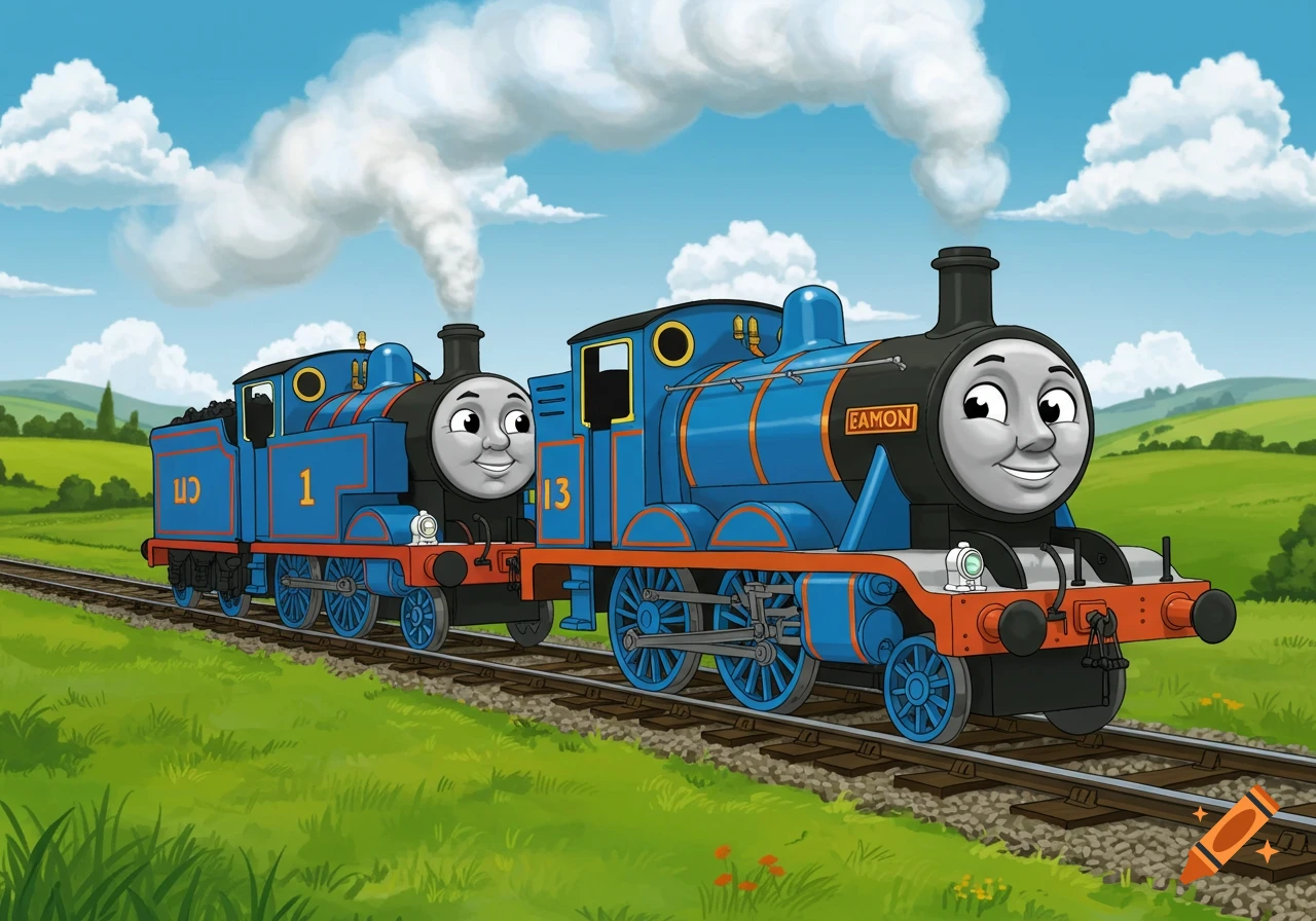 Two blue cartoon trains, one named Eamon with orange number 13, and another with number 1, on tracks in a green countryside.