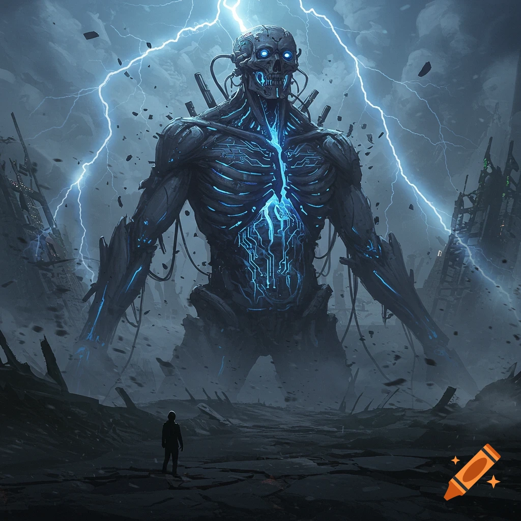 A giant cybernetic skeleton-like titan with glowing blue circuits on its chest stands in a ruined city under lightning, with a small person looking up.
