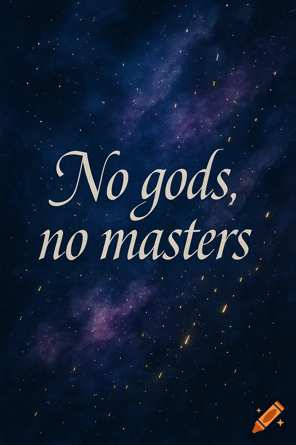 The phrase 'No gods, no masters' in an elegant font against a dark blue and purple starry night sky.