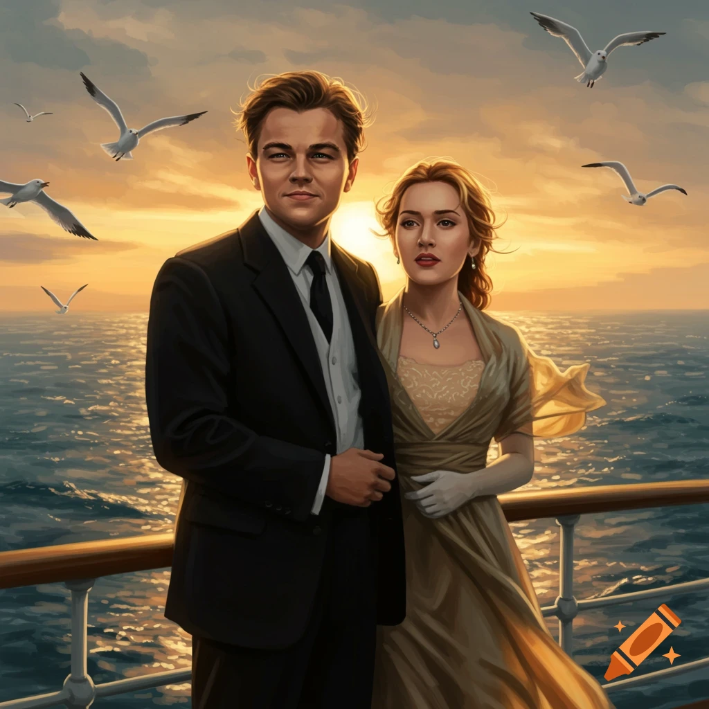 A man in a suit and a woman in a dress stand on a ship's deck at sunset, with seagulls flying overhead.