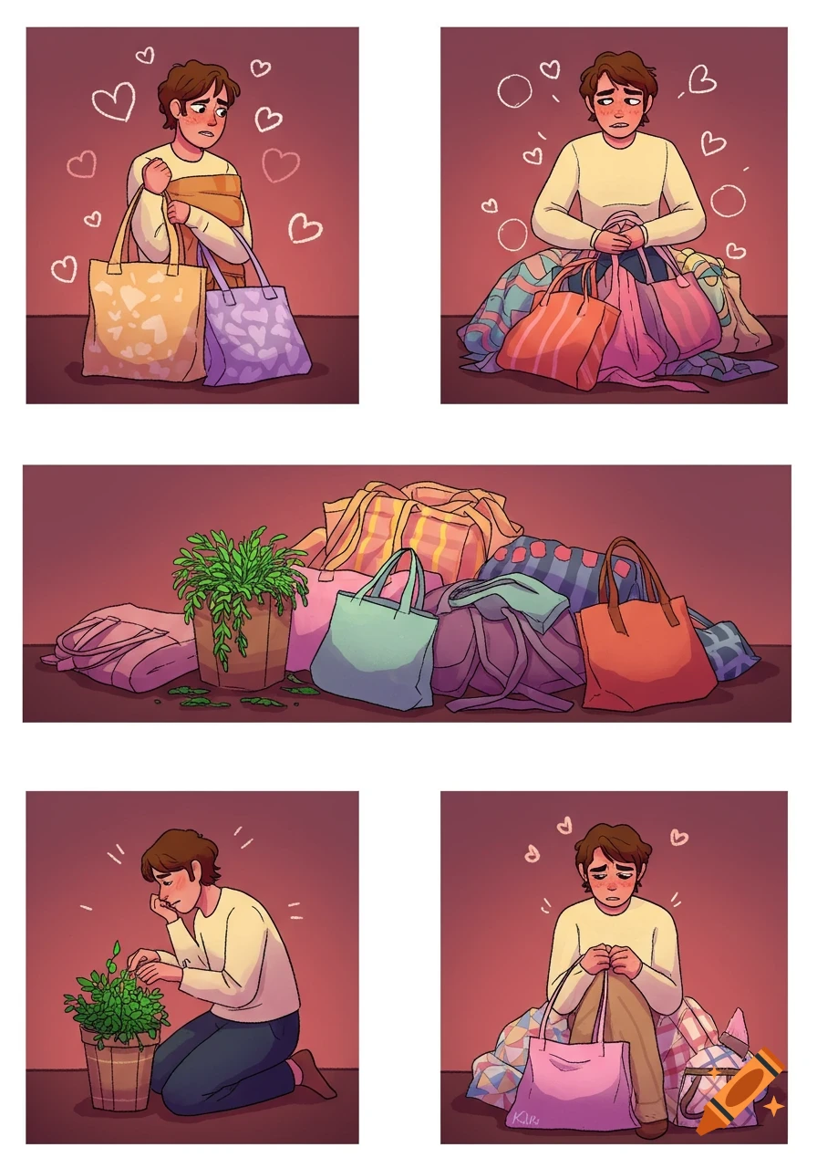 A five-panel comic illustrating a person's emotional journey from denial to acceptance about accumulating too many tote bags.