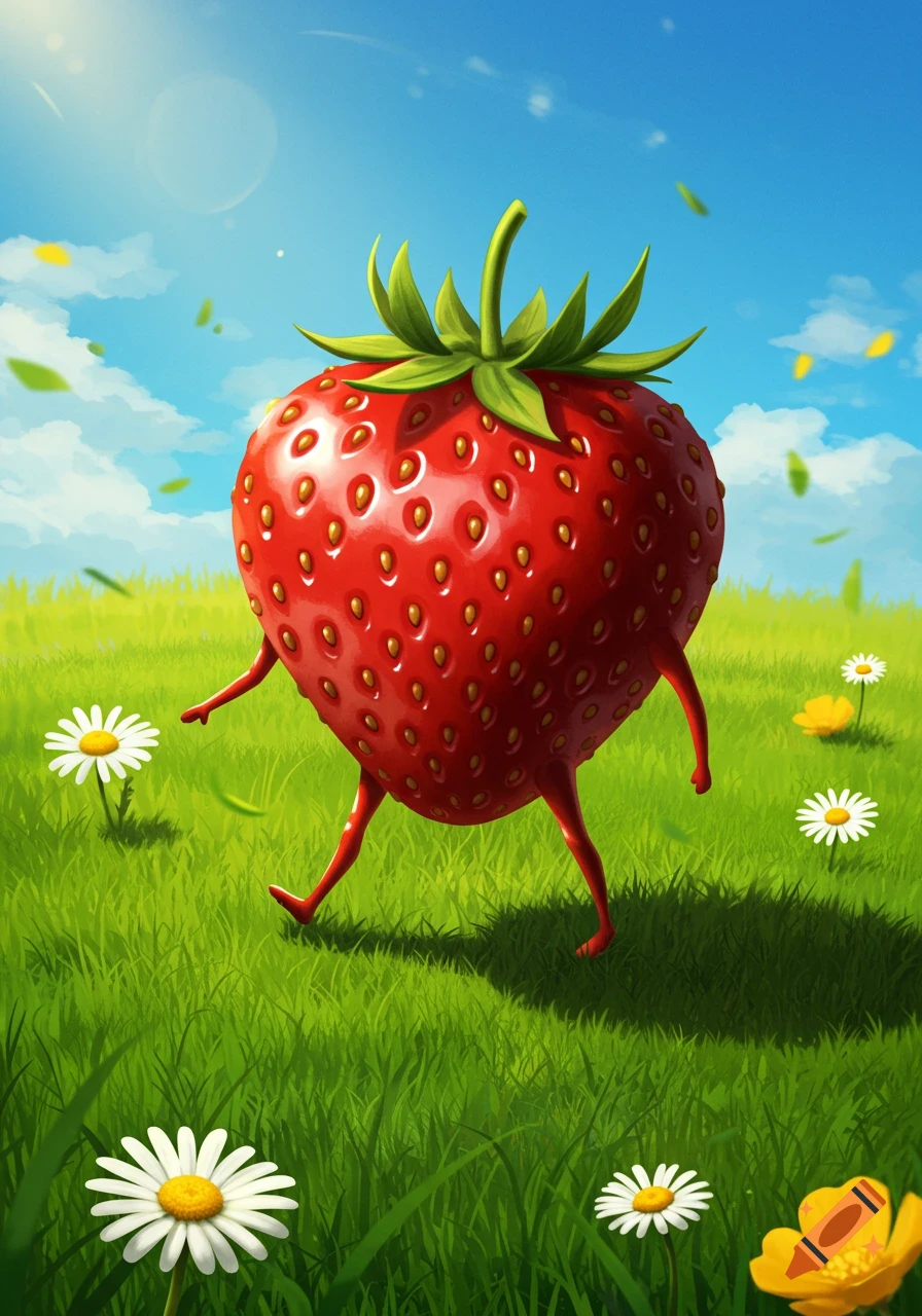A whimsical cartoon strawberry with legs walks through a sunny green field filled with white daisies and yellow flowers under a bright blue sky.