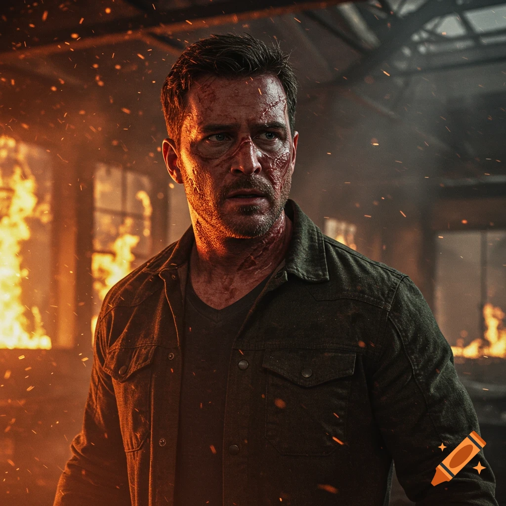 Photorealistic portrait of a man with burn marks on his face and neck, looking grim amidst a fiery background with embers.