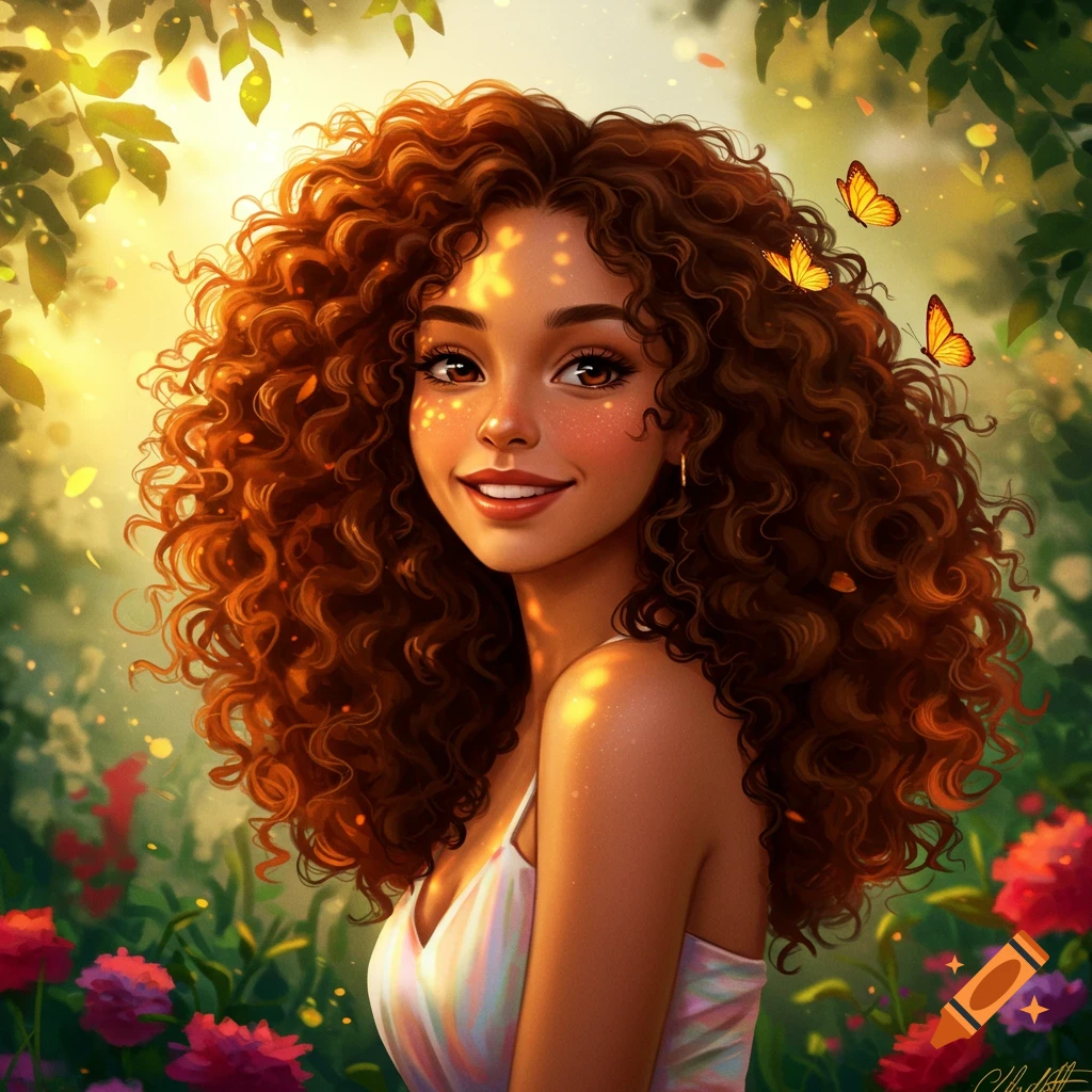 Digital illustration of a smiling young woman with curly brown hair, surrounded by glowing leaves, flowers, and butterflies in a sunny garden.