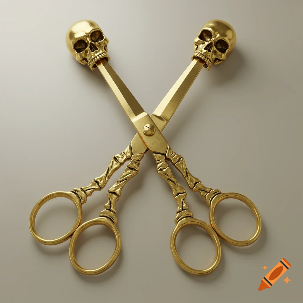 Golden scissors with skull-shaped handles and bone-like grips, resting on a plain background, 3D render.