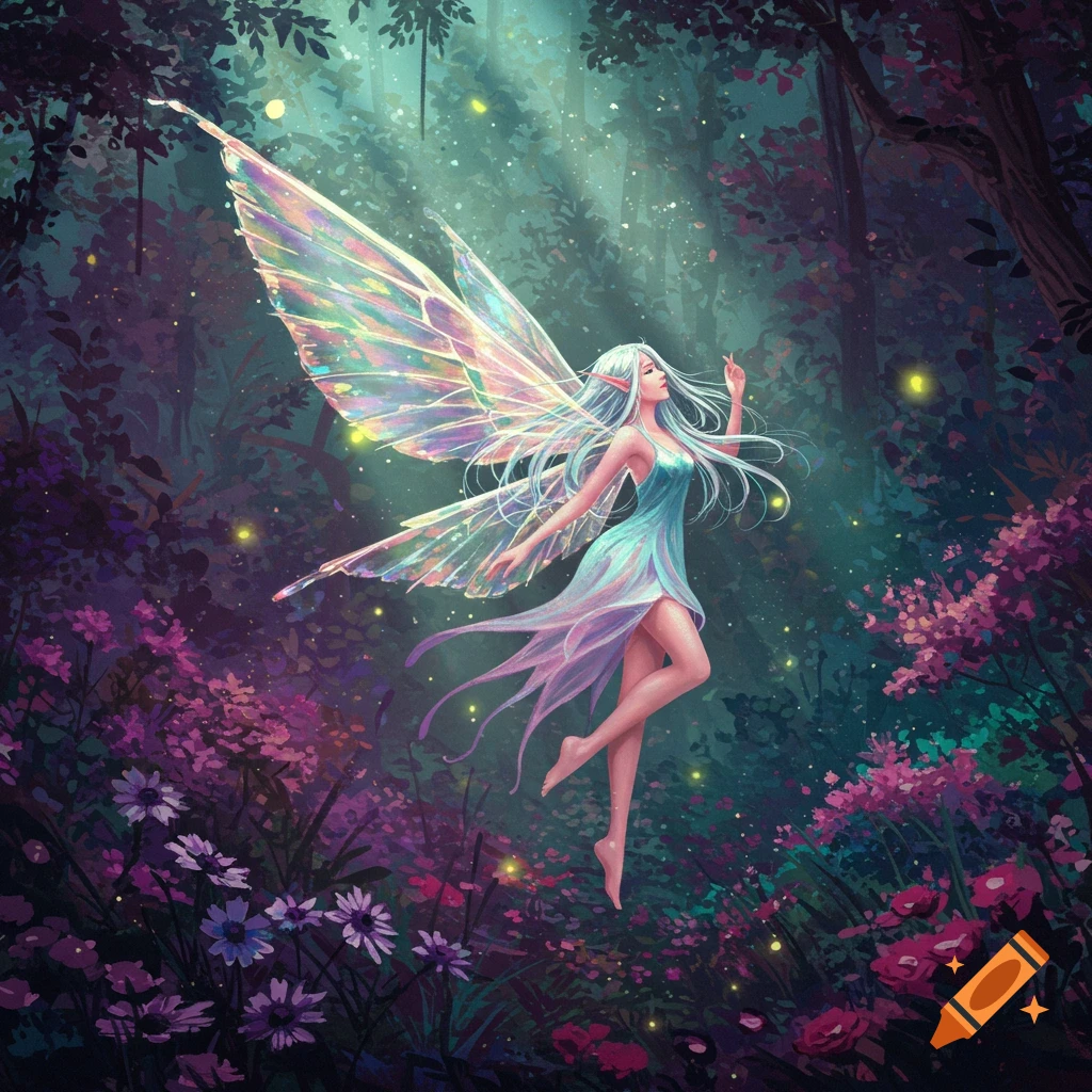 A beautiful fairy with iridescent, glowing wings floats gracefully in a mystical, lush forest with vibrant purple flowers and dappled light.