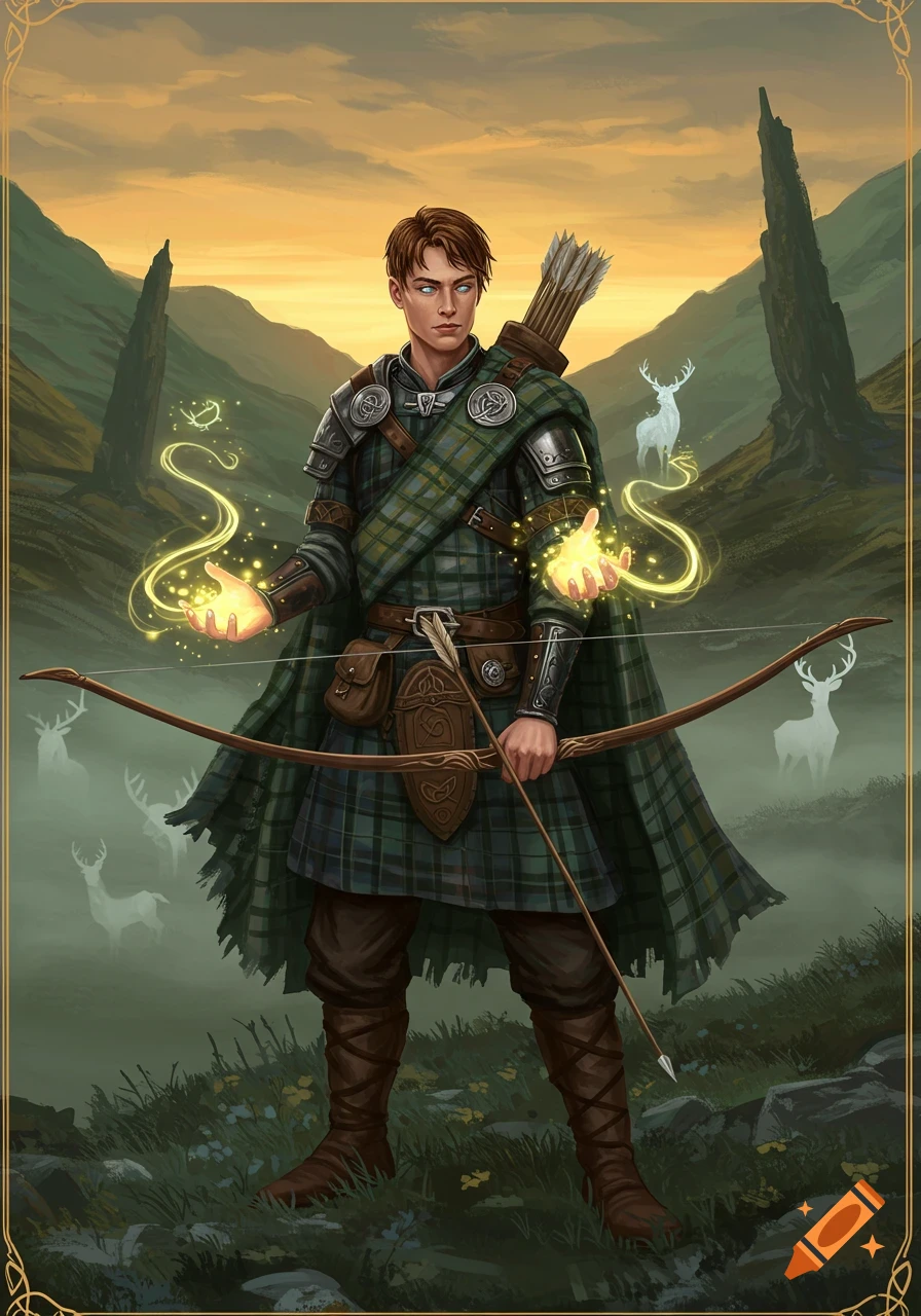A fantasy warrior in tartan kilt and armor, holding a bow, with magic in his hands and spectral stags in misty mountains at sunset.