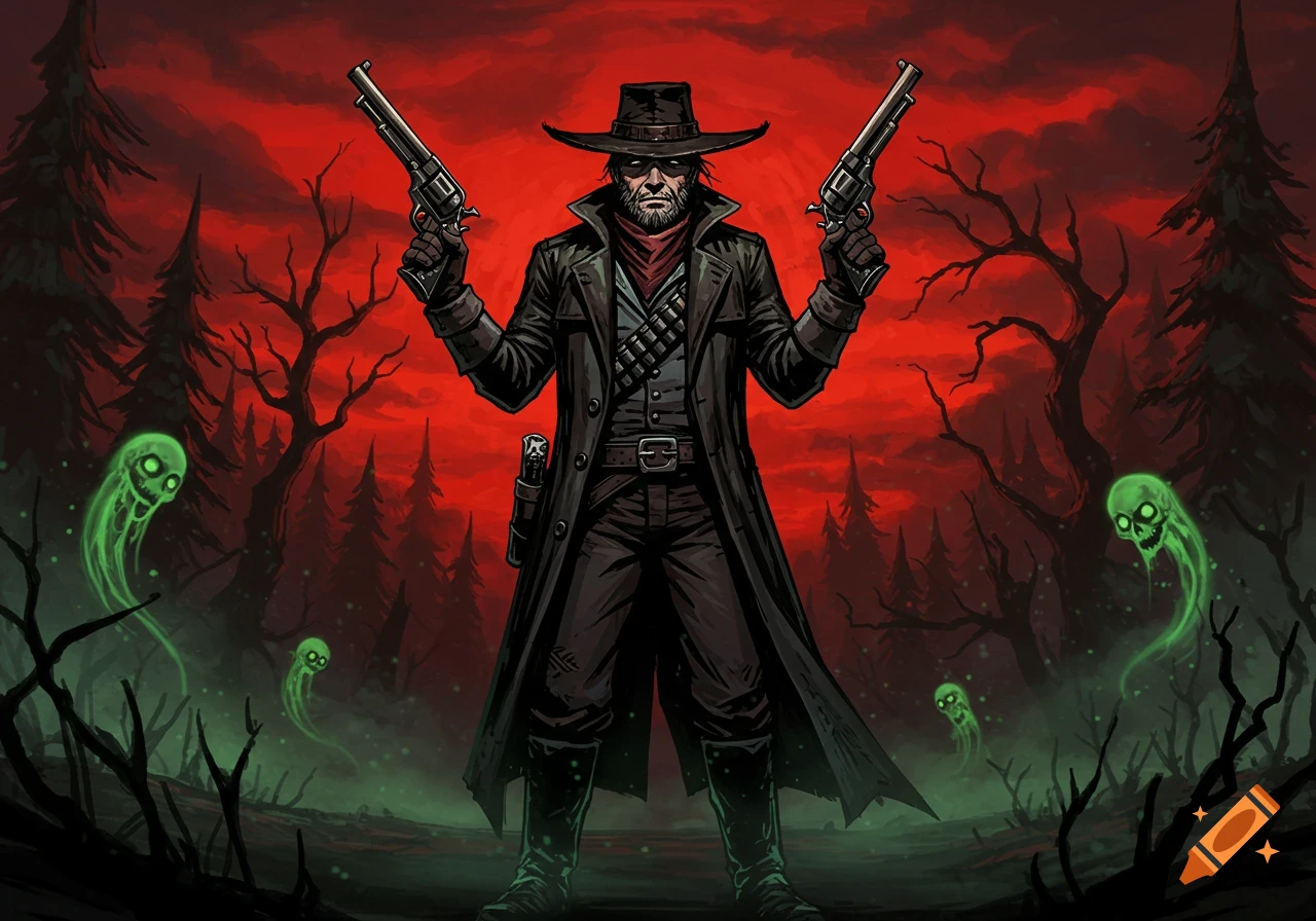 A grizzled gunslinger in a long coat and hat holds two revolvers, standing against a fiery red sky in a dark, spooky forest with glowing green ghosts.