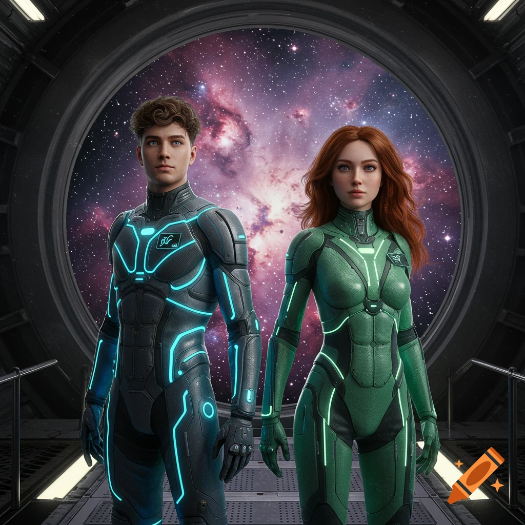 Two young space cadets, a male in blue and a female in green, stand in a spaceship corridor looking out at a nebula through a large window. Photorealistic style.