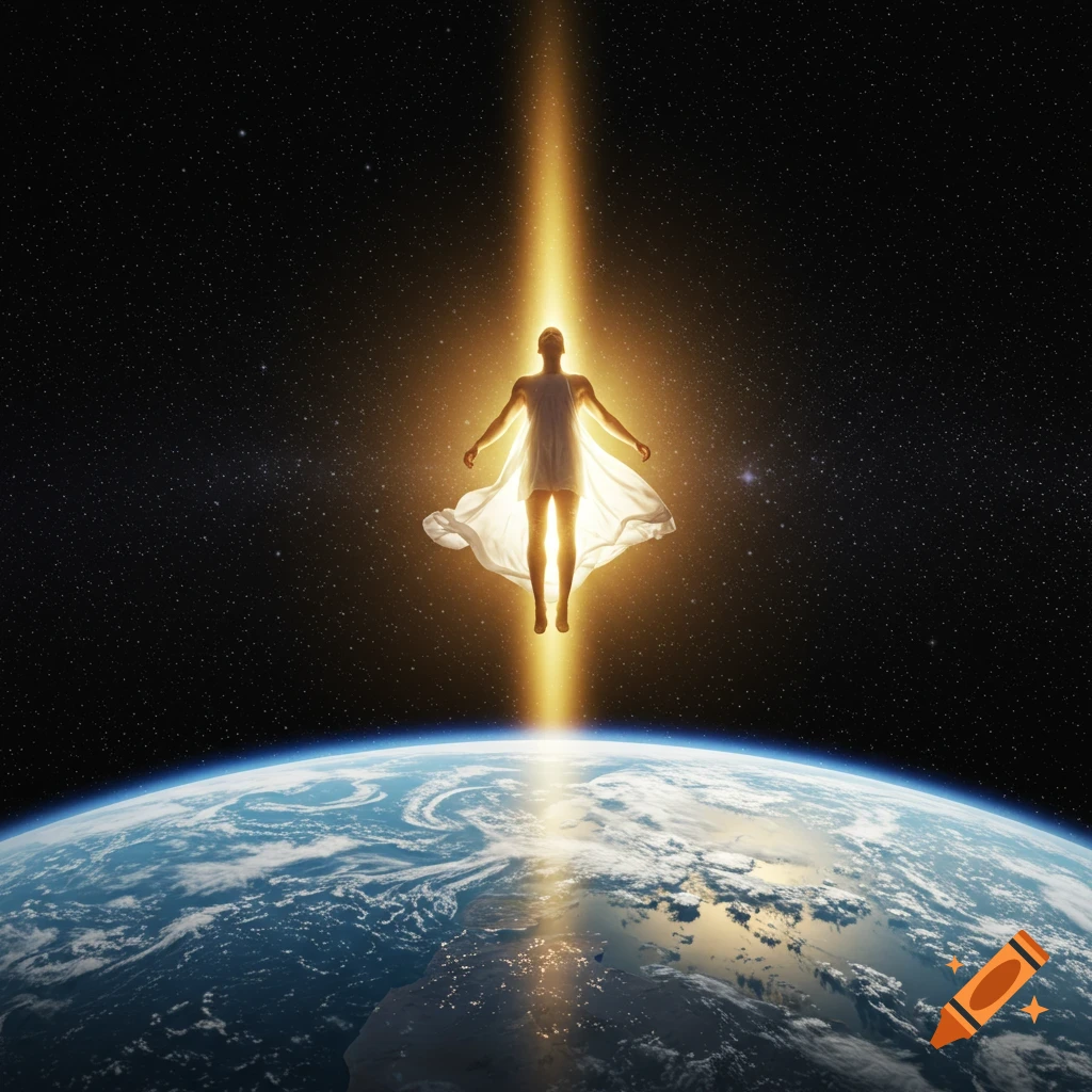 A man in a glowing white gown floats above Earth, illuminated by a golden light beam in space.