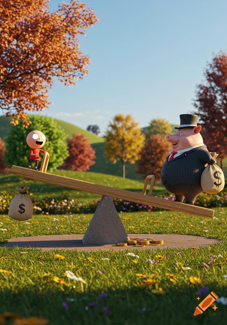 A cartoon pig banker with a money bag balances a small person on a seesaw in a sunny park. The pig's side is down, the person's side is up.