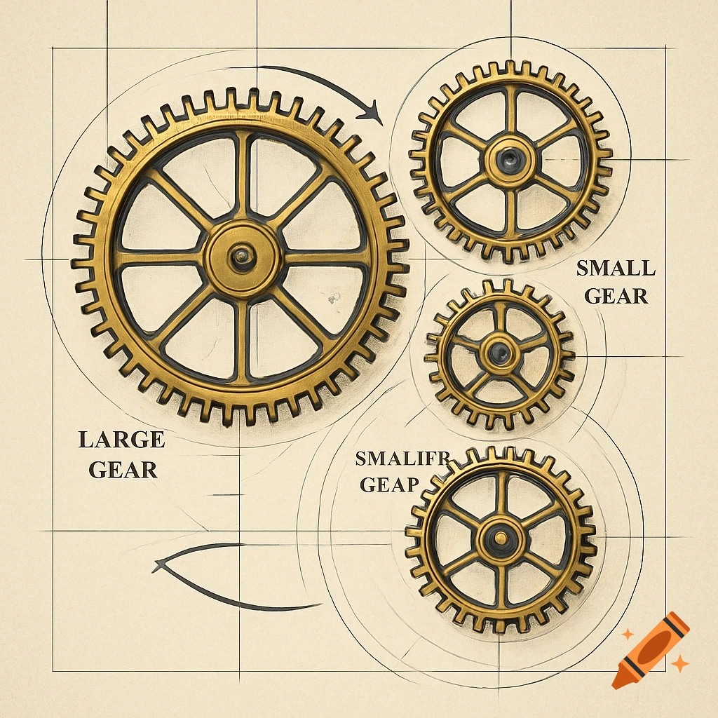 A detailed technical diagram shows four golden gears of varying sizes on a blueprint background with grid lines and arrows, labeled 'LARGE GEAR', 'SMALL GEAR', and 'SMALIFR GEAP'.