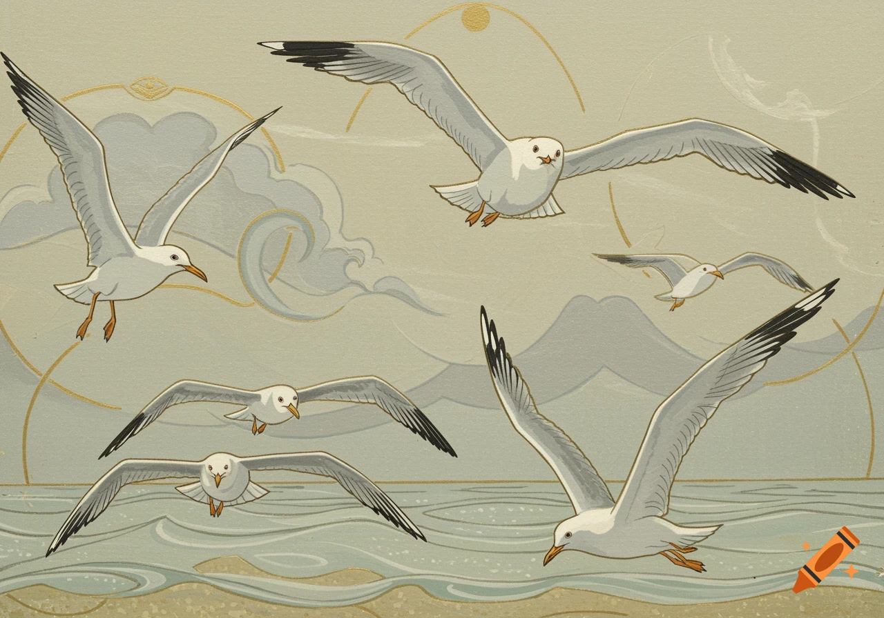 Six stylized seagulls fly over a beach and ocean, with decorative gold lines in the sky, in the art nouveau style of Charles Rennie Mackintosh.