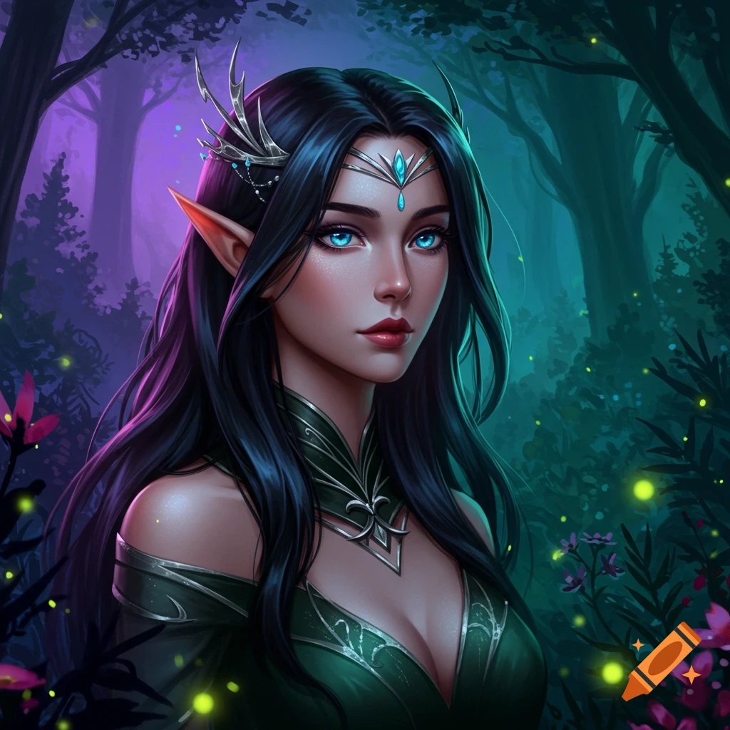 A close-up portrait of a dark-haired fantasy elf woman with glowing blue eyes and a silver diadem in a mystical forest.
