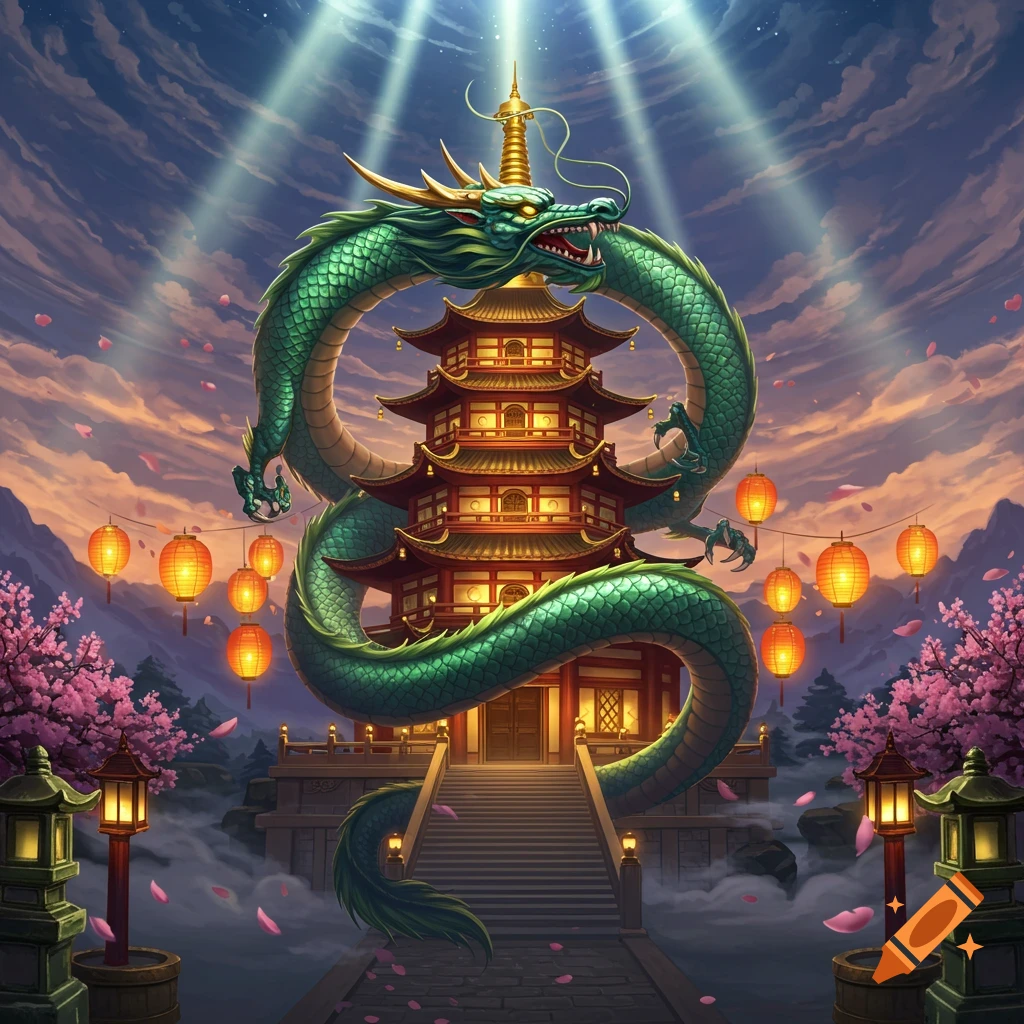 A majestic green dragon wraps around a detailed traditional Asian pagoda under a mystical sky, surrounded by lanterns and cherry blossoms.