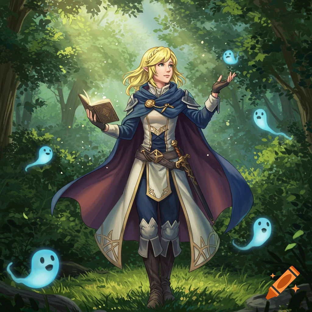 A blonde, elf-like female character in a blue and white cape holds a glowing book and summons blue spirits in a sunlit forest, in an anime art style.