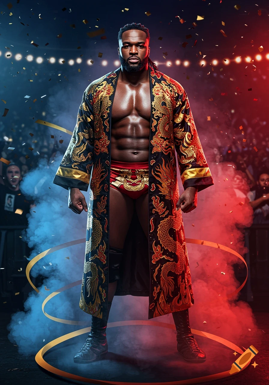 A muscular male wrestler in a black and gold dragon-patterned robe and red trunks stands confidently in a smoky arena with confetti.