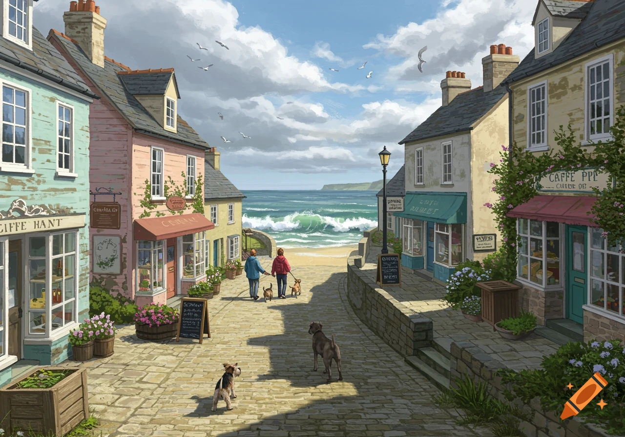 A colorful, illustrated seaside town street with shops and cafes leading to a beach with choppy waves. Two people walk dogs, and other dogs are present in the foreground.