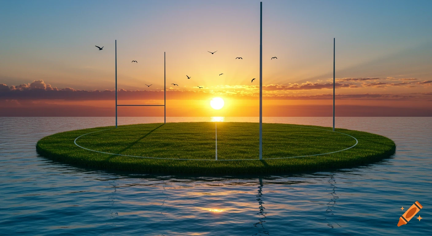 Photorealistic image of an Australian Rules Football oval on a small island in the ocean at sunset, with birds flying.