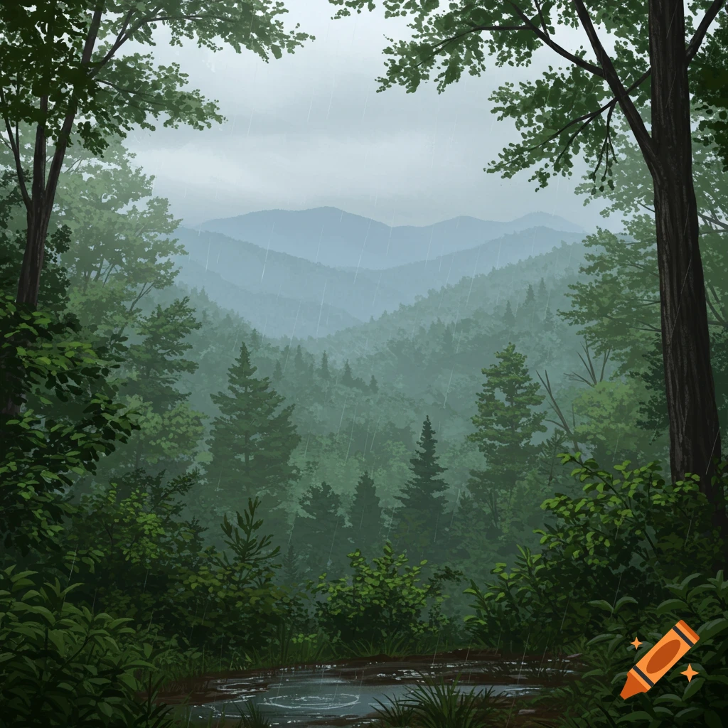 An illustration of a dense green forest and misty mountains during a rainy day, with a puddle in the foreground.
