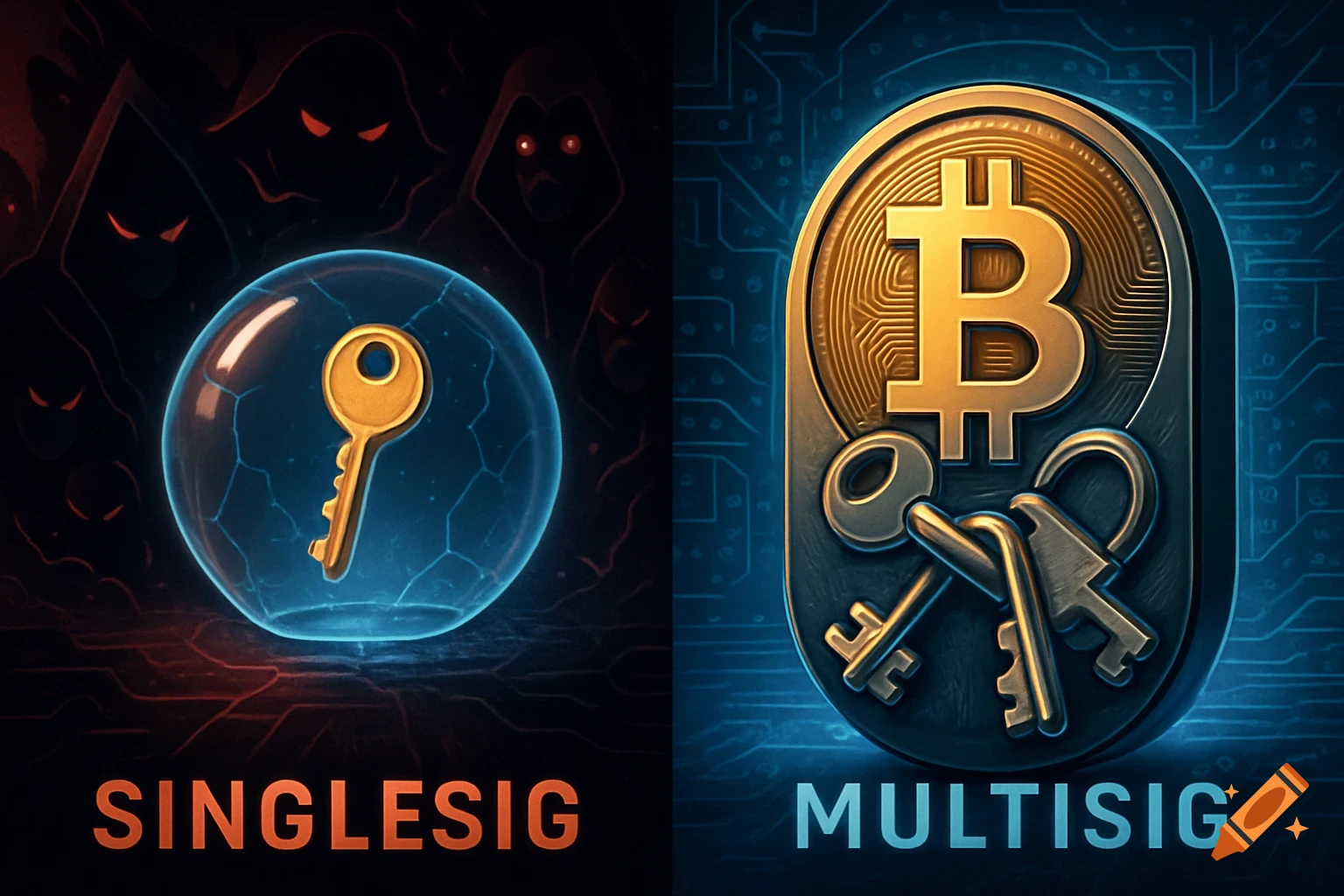 A split image contrasting Bitcoin security: 'SINGLESIG' with one key in a sphere and shadowy figures, 'MULTISIG' with multiple keys and a Bitcoin symbol.