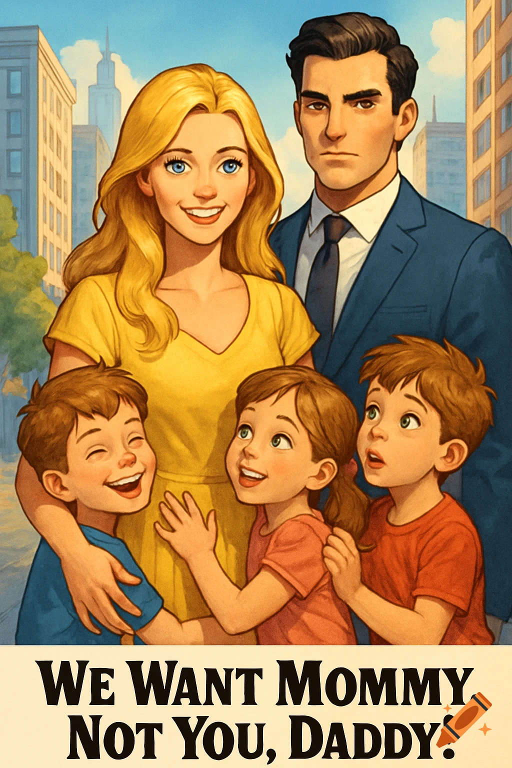A cartoon family portrait with a smiling mother, a serious father, and three happy children. Text at the bottom reads: 'WE WANT MOMMY, NOT YOU, DADDY!'